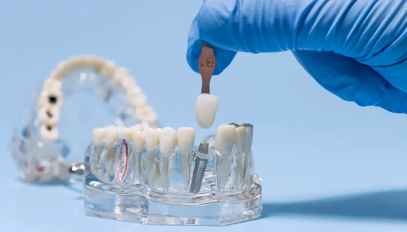 A crown is color matched before being placed on a titanium post.